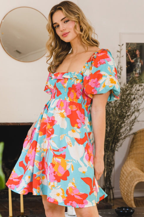 Printed Smocked Puff Sleeve Mini Dress