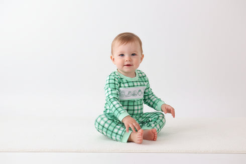 Green parade embroidery gingham romper