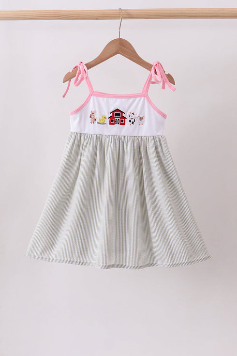 Pink seersucker farm animals embroidery ruffle dress