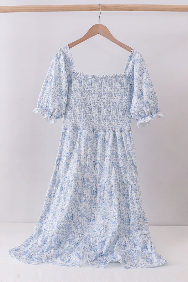 Navy smocked floral puff sleeve dress