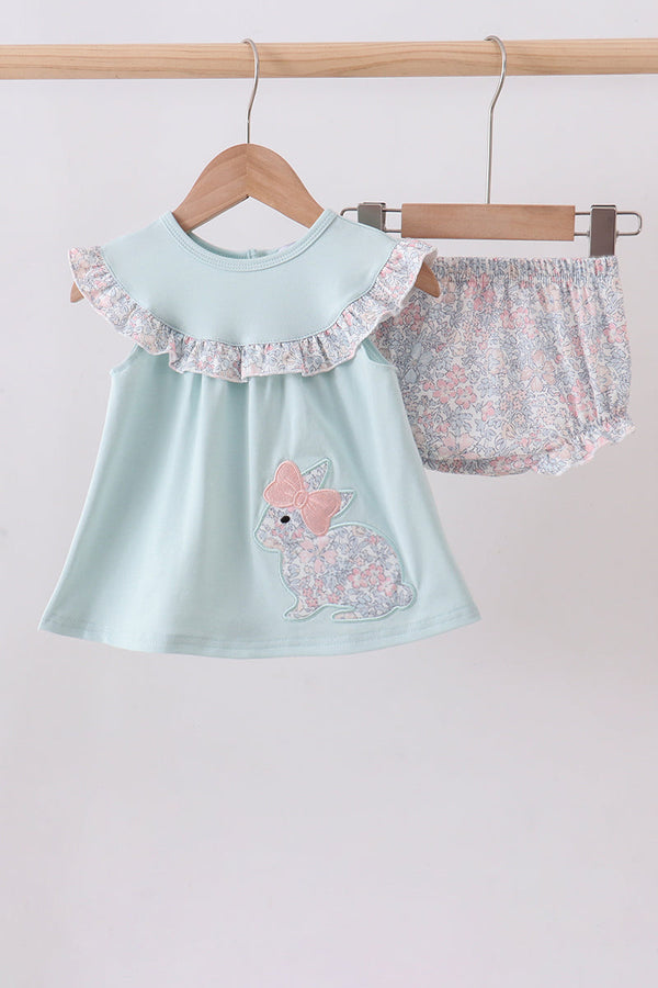 Blue floral bunny applique bloomer set