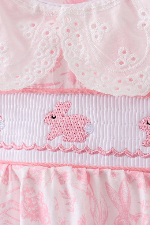 Pink bunny smocked lace collar bow bloomer set