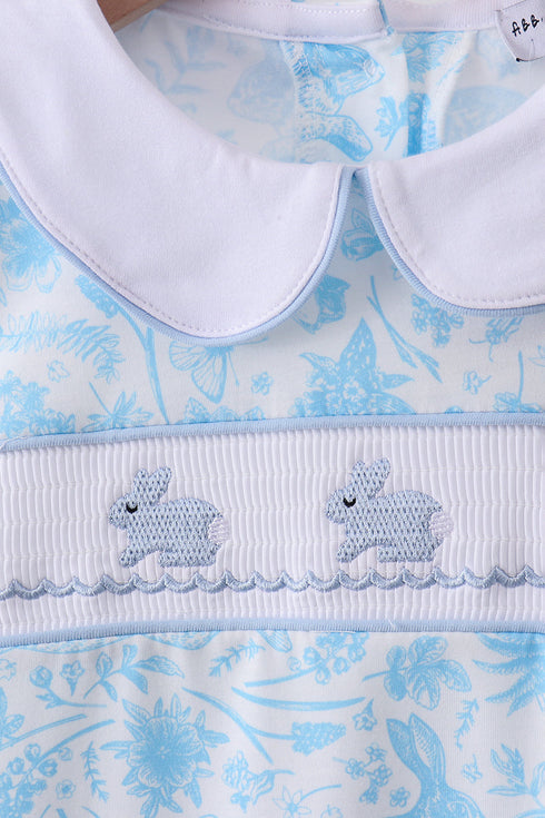 Blue bunny smocked peter pan collar shorts set