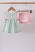 Green swiss dot cross sheep ruffle bloomer set