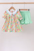 Pink floral print puff sleeve ruffle shorts set