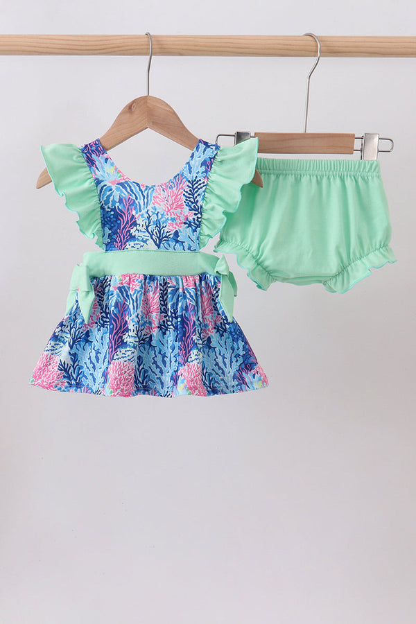 Blue marine creature print ruffle bloomer set