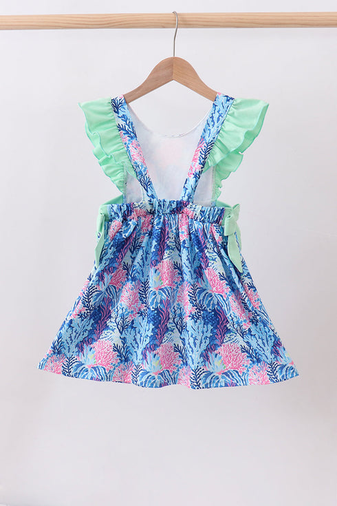 Blue marine creature print ruffle dress