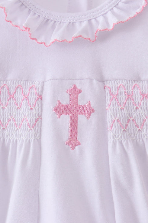 White cross smocked ruffle bubble