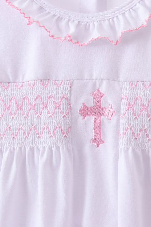 White cross smocked ruffle shorts set