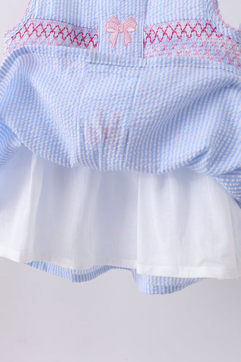 Blue seersucker bow smocked bloomer set