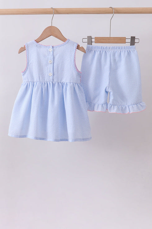 Blue seersucker bow smocked ruffle shorts set