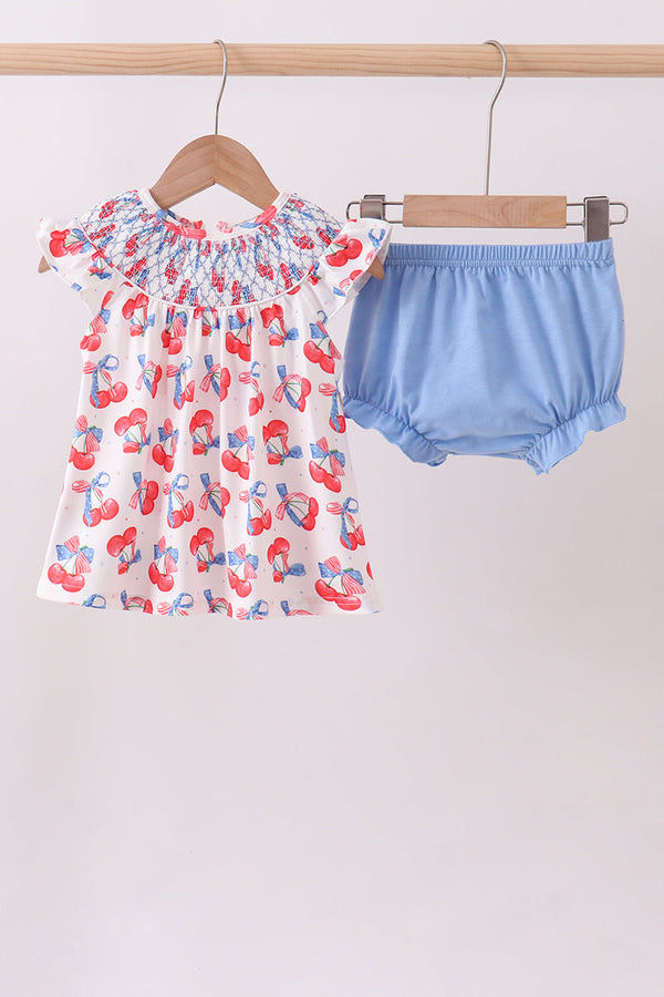 Blue cherry smocked bloomer set