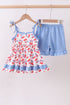 Blue cherry smocked ruffle shorts set