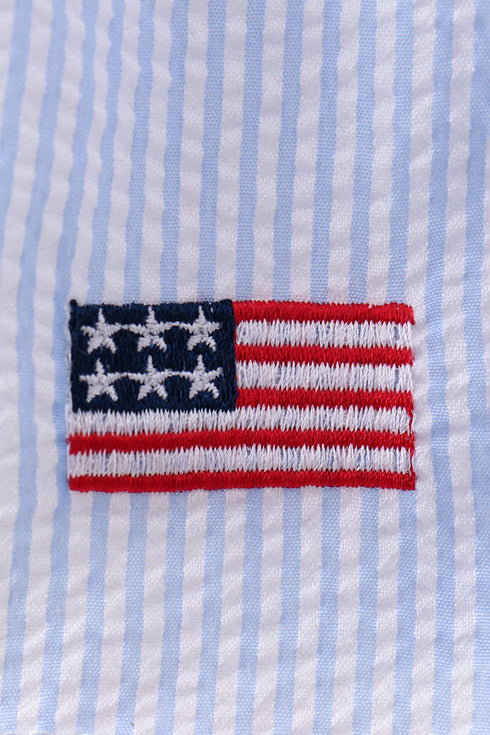 Blue flag embroidery seersucker ruffle shorts set