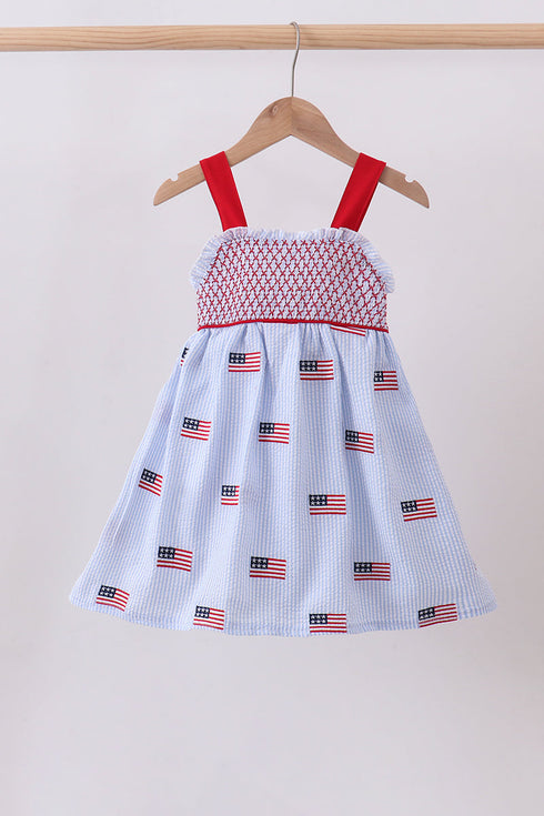 Blue flag embroidery seersucker ruffle dress