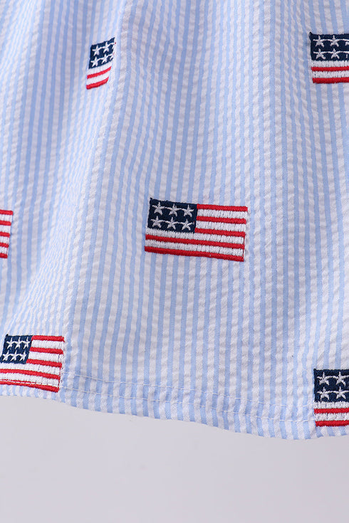 Blue flag embroidery seersucker ruffle dress