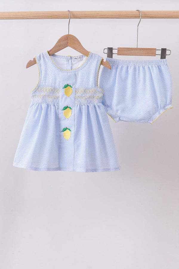 Blue lemon embroidery seersucker bloomer set