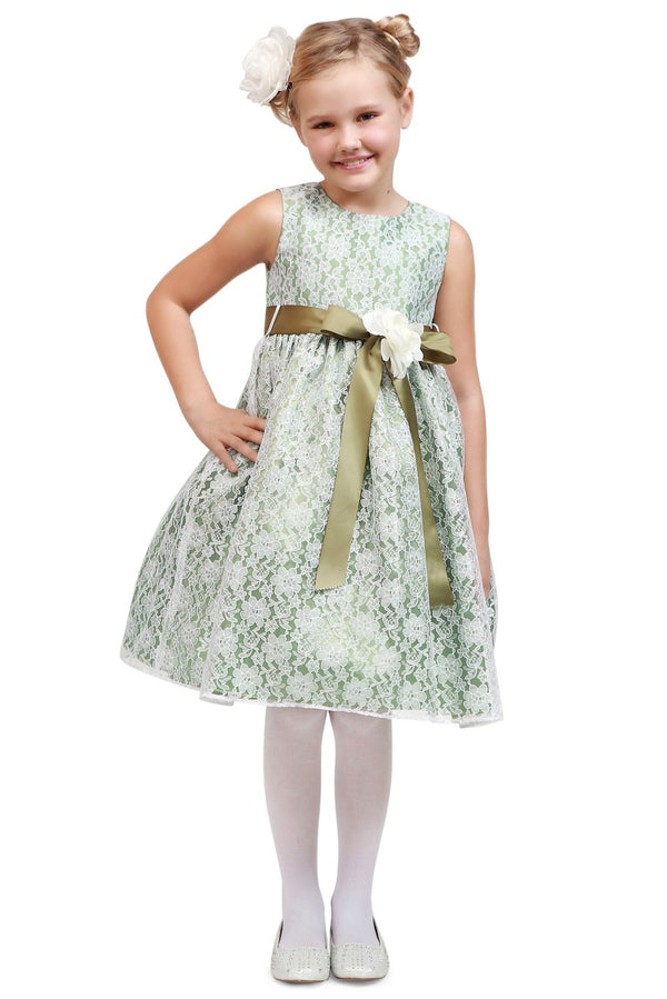 Little Girls Sage Satin Multi Color Sashes Dress 2-6