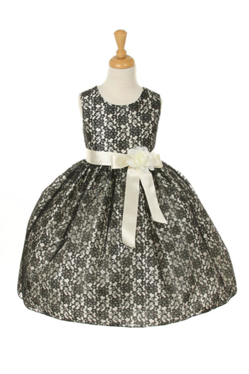 Girls Black Lace Ivory Sash Satin Flower Girl Dress 2-14