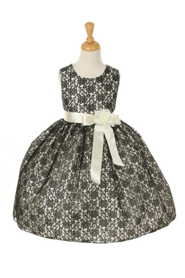 Girls Black Lace Ivory Sash Satin Flower Girl Dress 2-14
