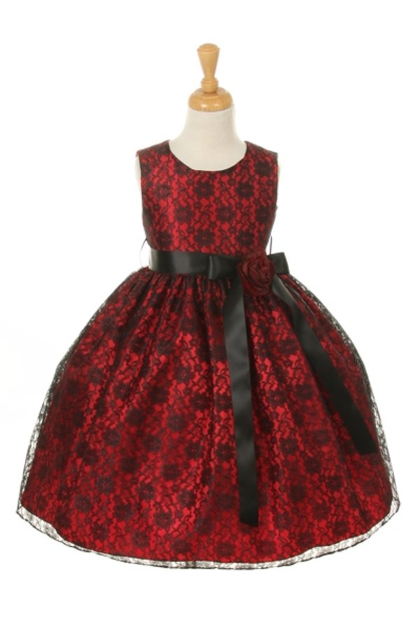 Girls Black Red Satin Flower Girl Dress 2-14