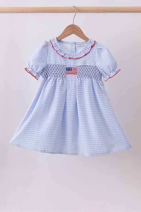 Blue flag smocked ruffle dress
