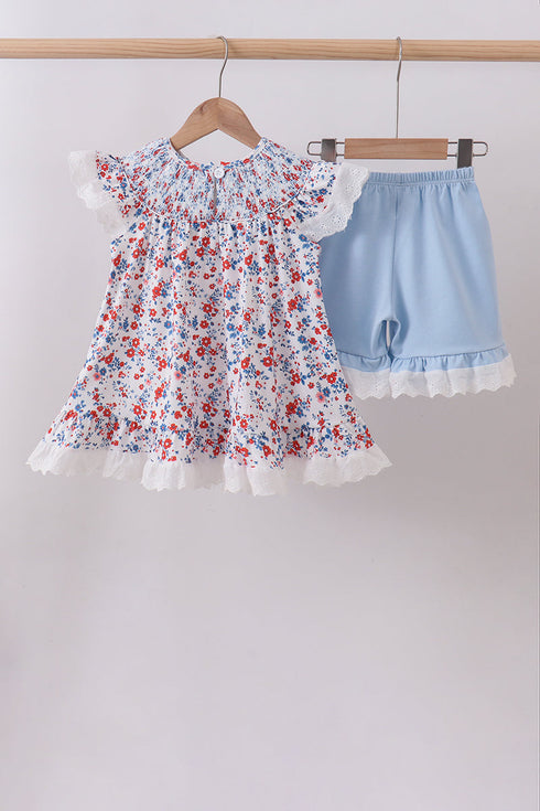 Blue floral lace smocked shorts set