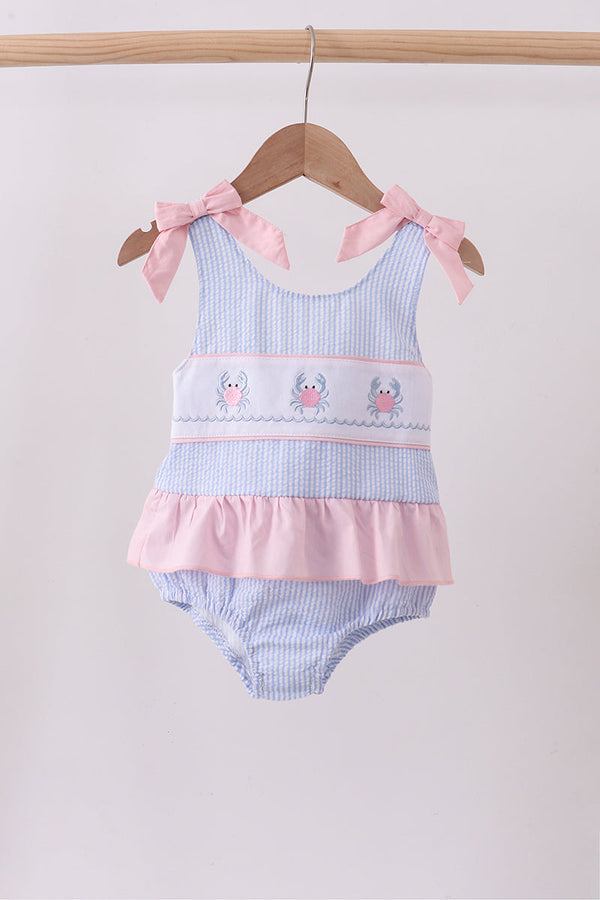 Blue stripe seersucker crab embroidery swimsuit