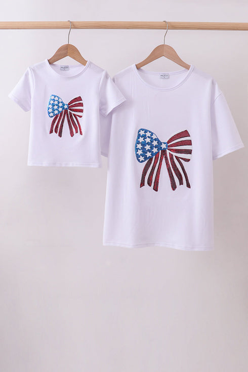 White bow sequin mom&me top