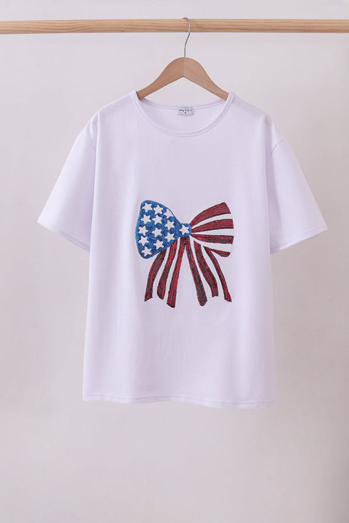 White bow sequin mom&me top