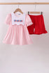 Pink flag embroidery gingham ruffle shorts set