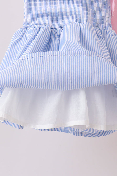 Blue Stripe Bow Smocked Seersucker Ruffle Shorts Set