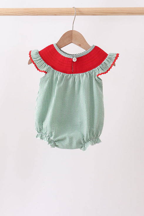 Green Watermelon Stripe Smocked Embroidered Seersucker Bubble