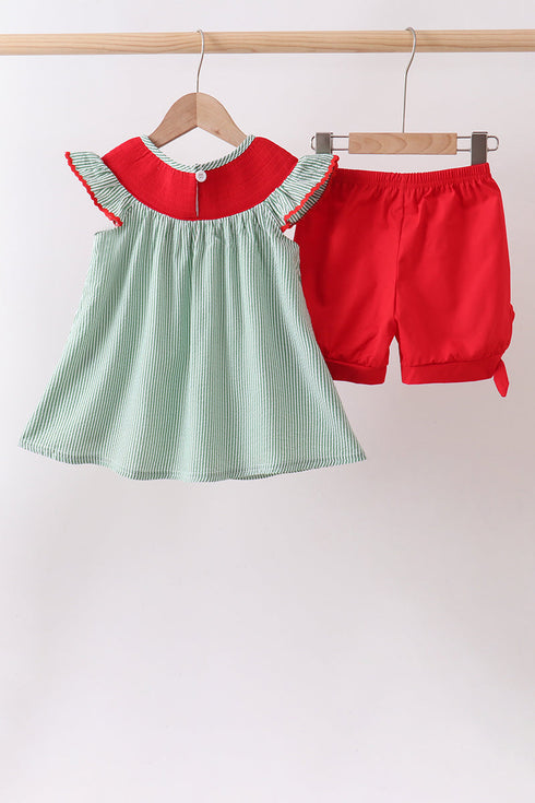 Green Watermelon Stripe Smocked Embroidered Seersucker Set