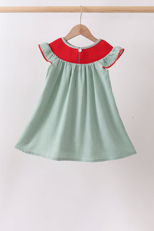 Green Watermelon Stripe Smocked Embroidered Seersucker Dress