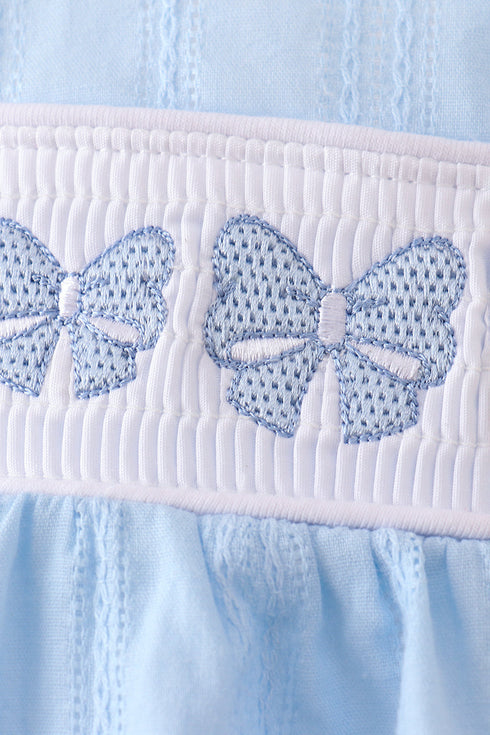 Blue Bow Smocked Embroidered Jacquard Bubble