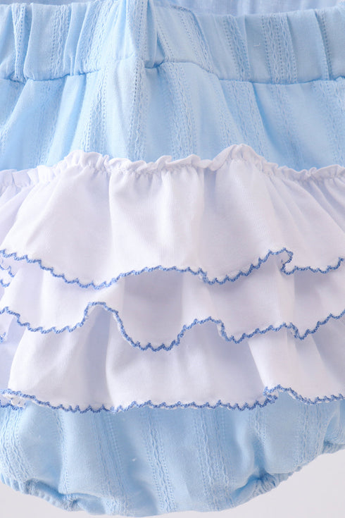 Blue Bow Smocked Embroidered Jacquard Bubble