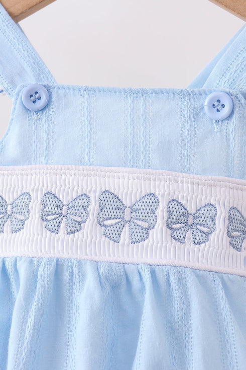 Blue Bow Smocked Embroidered Jacquard Bubble