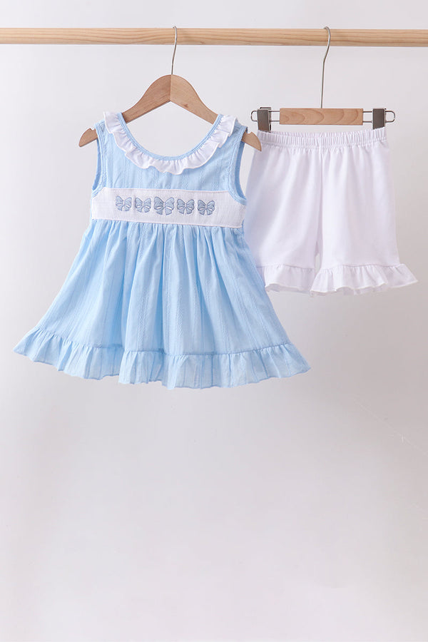 Blue Bow Smocked Embroidered Jacquard Set