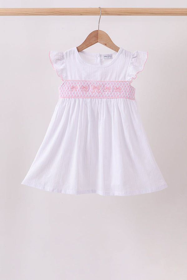White Bow Smocked Jacquard Dress
