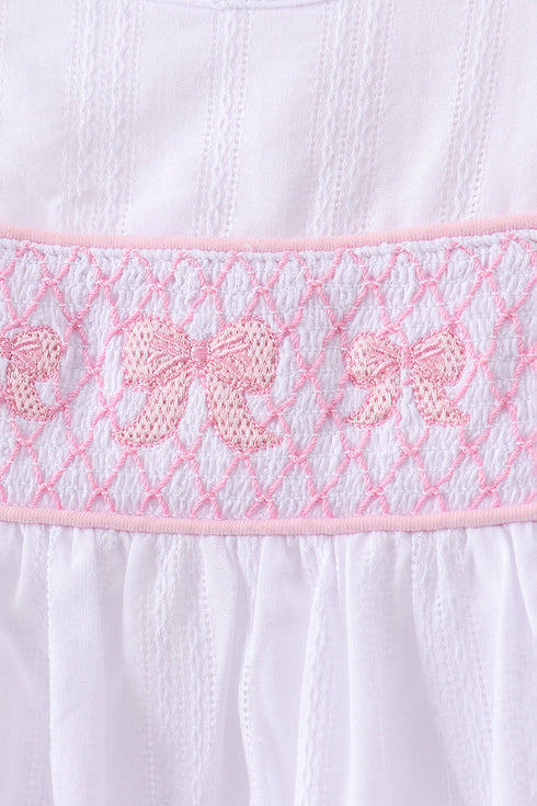 White Bow Smocked Jacquard Dress