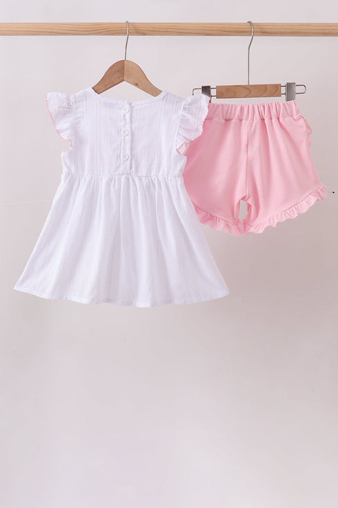 White Bow Smocked Jacquard Ruffle Shorts Set