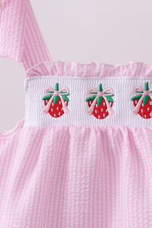 Pink stripe seersucker strawberry smocked bloomer set