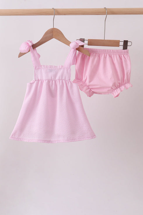 Pink stripe seersucker strawberry smocked bloomer set