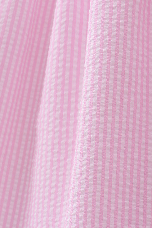 Pink stripe seersucker strawberry smocked dress