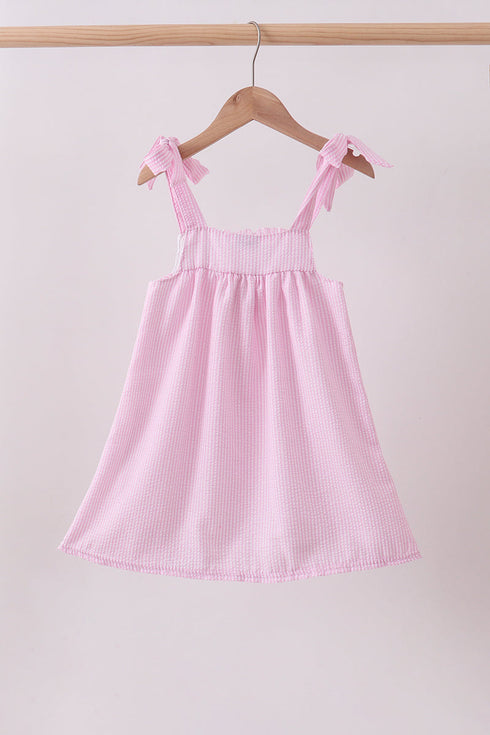 Pink stripe seersucker strawberry smocked dress