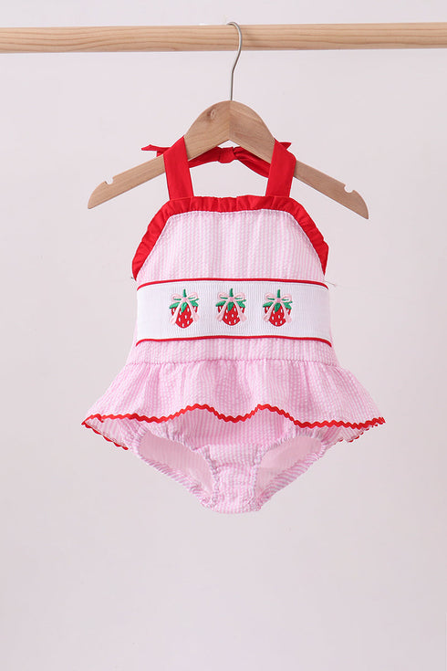 Pink stripe seersucker strawberry smocked one-piece swimsuit