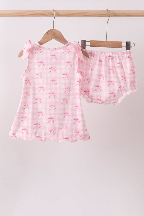 Pink bow print scalloped bloomer set
