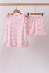 Pink bow print scalloped ruffle shorts set