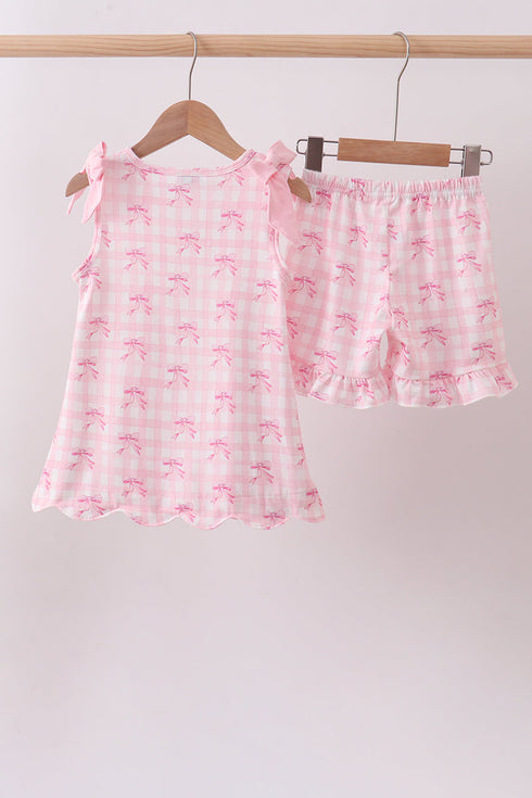 Pink bow print scalloped ruffle shorts set